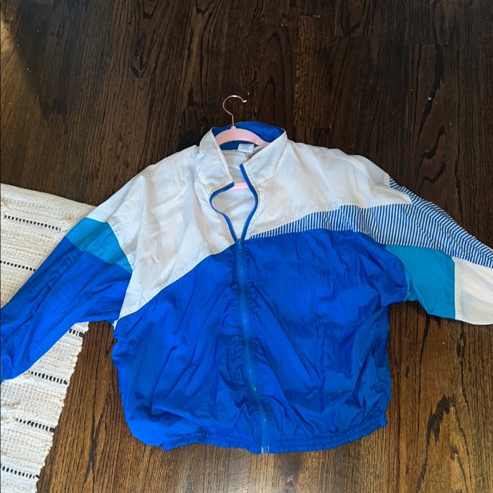 Vintage Blue and White Color Block Windbreaker Jacket